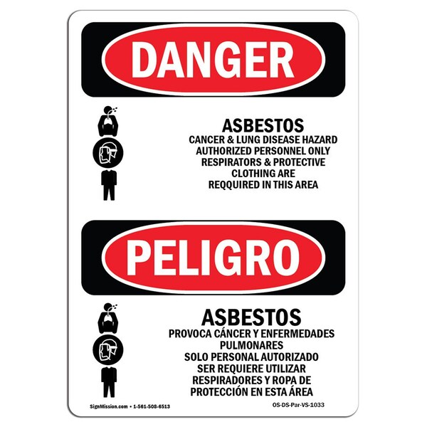 Safety Sign, OSHA Danger, 5" Height, Asbestos Cancer Lung Disease Spanish, 10PK